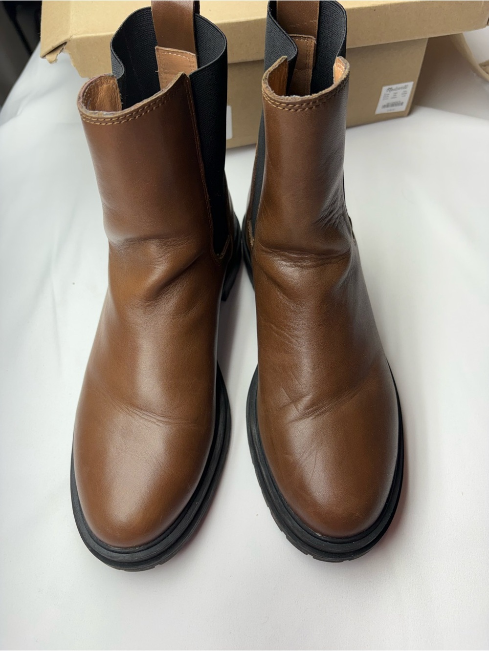 Madewell Brown Leather Chelsea Ankle Boots with Black Elastic Panels